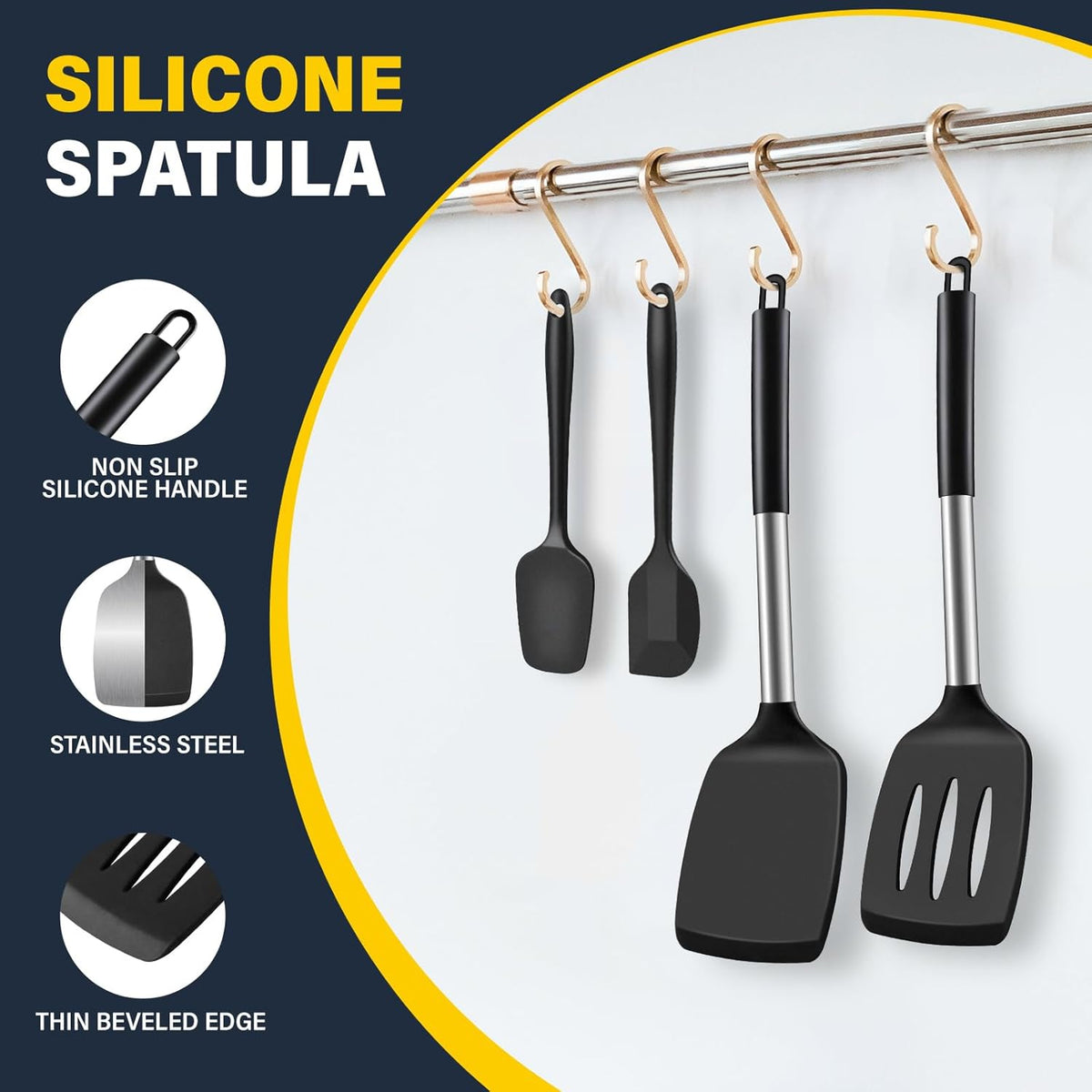 Silicone Spatula Set, Heat Resistant Solid & Slotted Turner for Non-Stick Pans, Silicone Cooking Utensils Set, BPA-Free, Flexible Spatula Turner for Flipping Eggs, Burgers, Pancakes, Black, -A