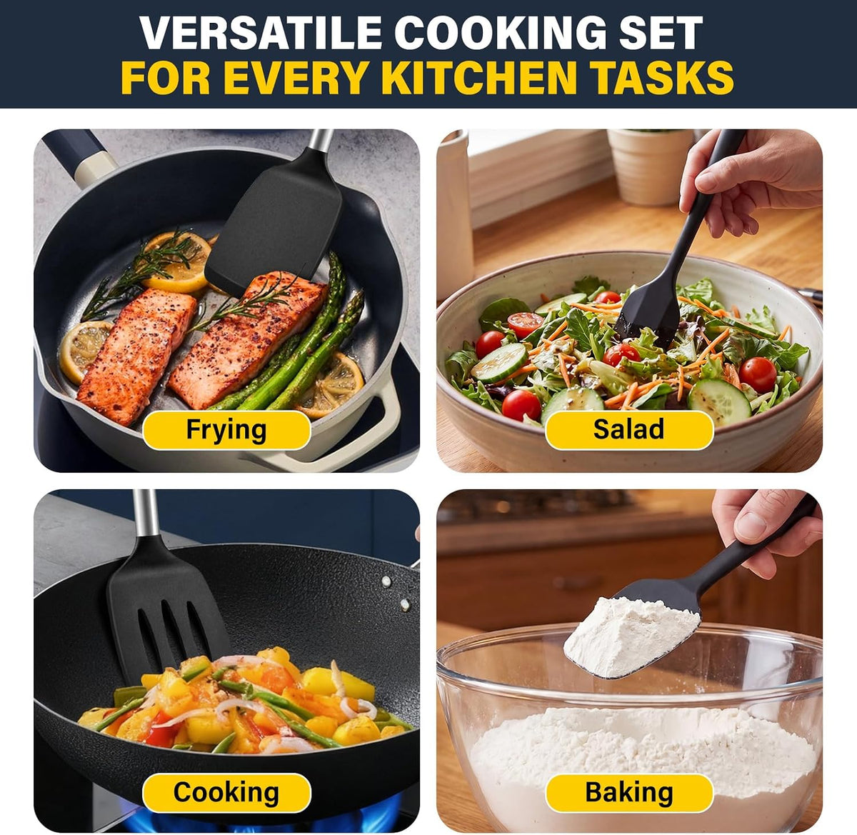 Silicone Spatula Set, Heat Resistant Solid & Slotted Turner for Non-Stick Pans, Silicone Cooking Utensils Set, BPA-Free, Flexible Spatula Turner for Flipping Eggs, Burgers, Pancakes, Black, -A