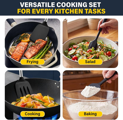 Silicone Spatula Set, Heat Resistant Solid & Slotted Turner for Non-Stick Pans, Silicone Cooking Utensils Set, BPA-Free, Flexible Spatula Turner for Flipping Eggs, Burgers, Pancakes, Black, -A