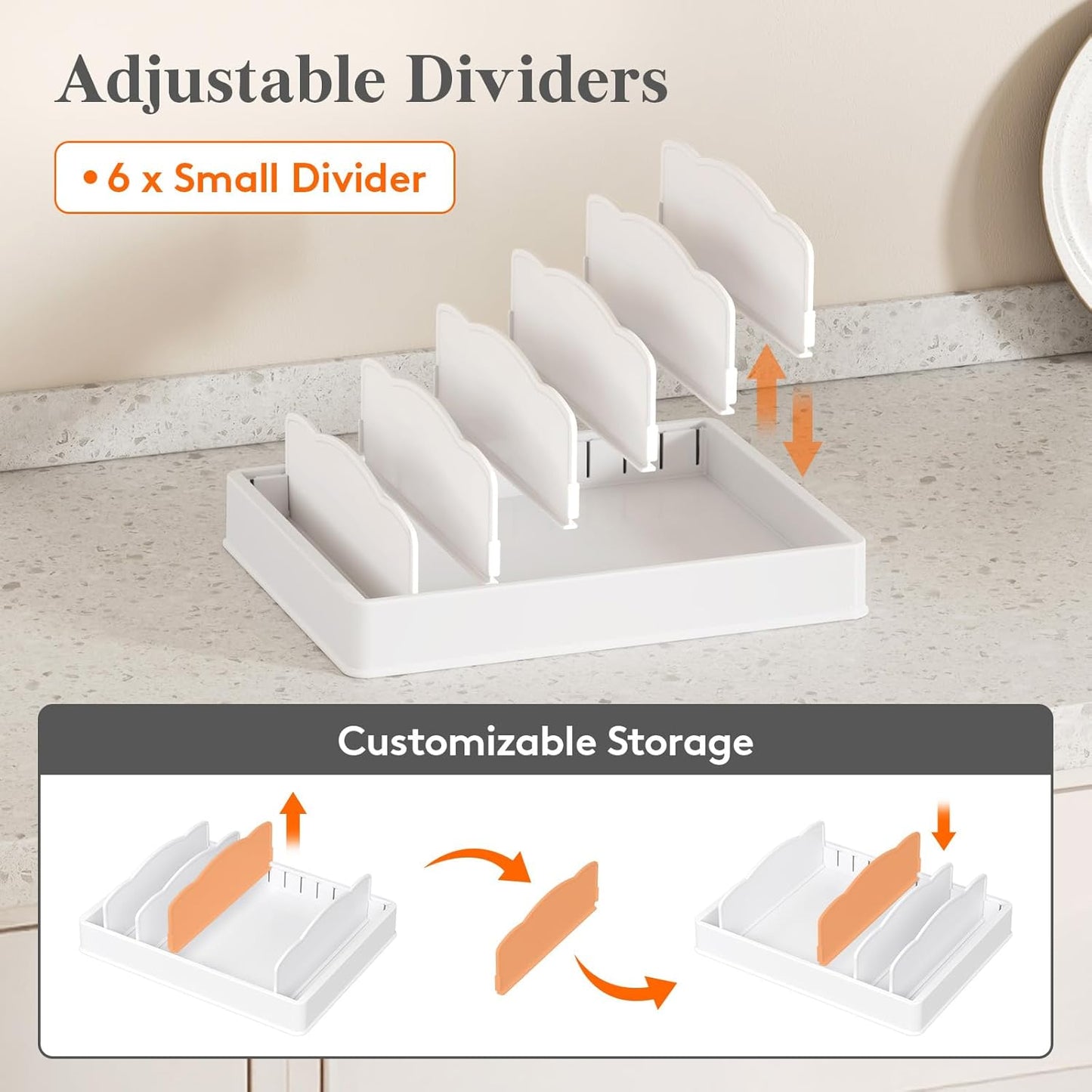 Kitchen Cabinet Organizer for Food Contanier Lid, Lid Holder with 6 Adjustable Dividers & 7 Sections for Pantry Organizers and Storage, Home Drawer Organization, Large, 13" x 10"