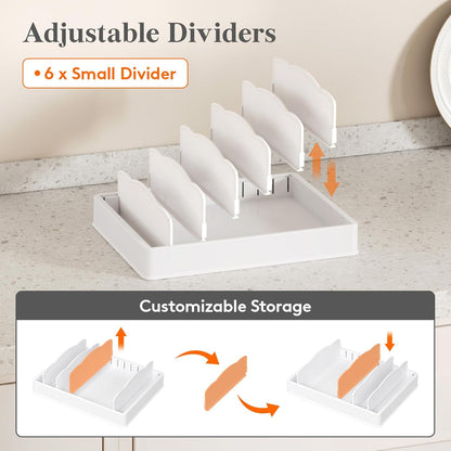 Kitchen Cabinet Organizer for Food Contanier Lid, Lid Holder with 6 Adjustable Dividers & 7 Sections for Pantry Organizers and Storage, Home Drawer Organization, Large, 13" x 10"