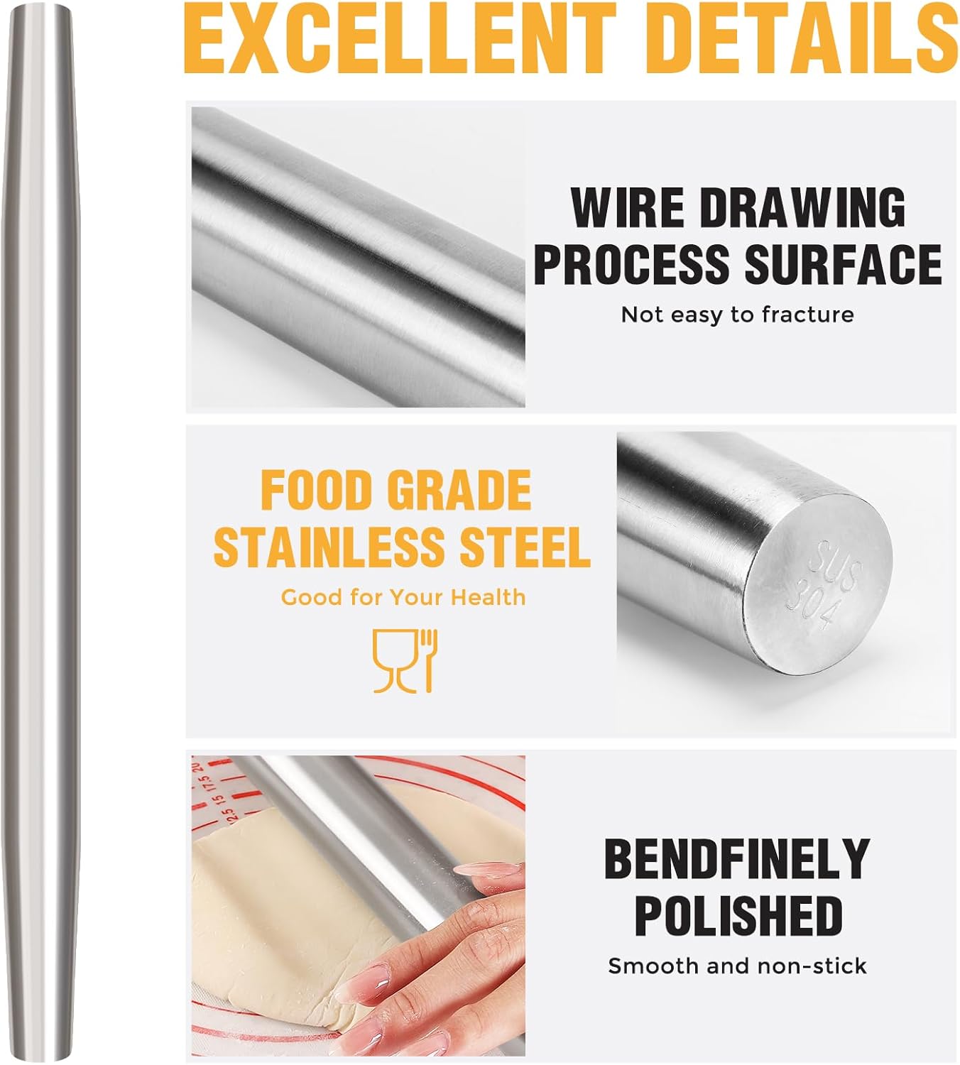 Smooth Seamless Stainless Steel Rolling Pin, 12.8Inch | Easy to clean food grade metal, ideal for daily pizza, pie, pasta, dumpling and cookie dough household baking