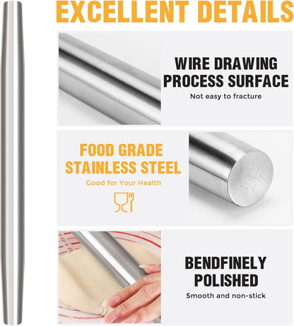 Smooth Seamless Stainless Steel Rolling Pin, 12.8Inch | Easy to clean food grade metal, ideal for daily pizza, pie, pasta, dumpling and cookie dough household baking