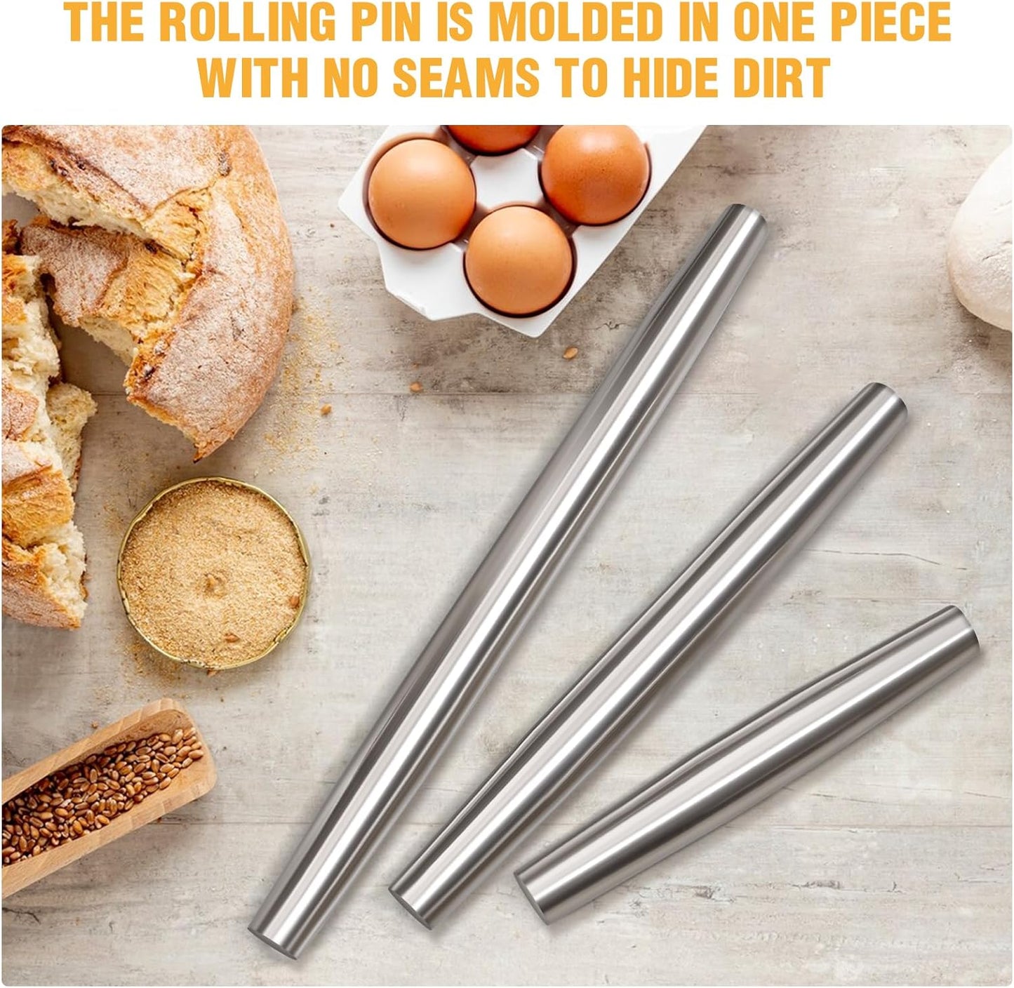 Smooth Seamless Stainless Steel Rolling Pin, 12.8Inch | Easy to clean food grade metal, ideal for daily pizza, pie, pasta, dumpling and cookie dough household baking