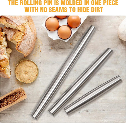 Smooth Seamless Stainless Steel Rolling Pin, 12.8Inch | Easy to clean food grade metal, ideal for daily pizza, pie, pasta, dumpling and cookie dough household baking