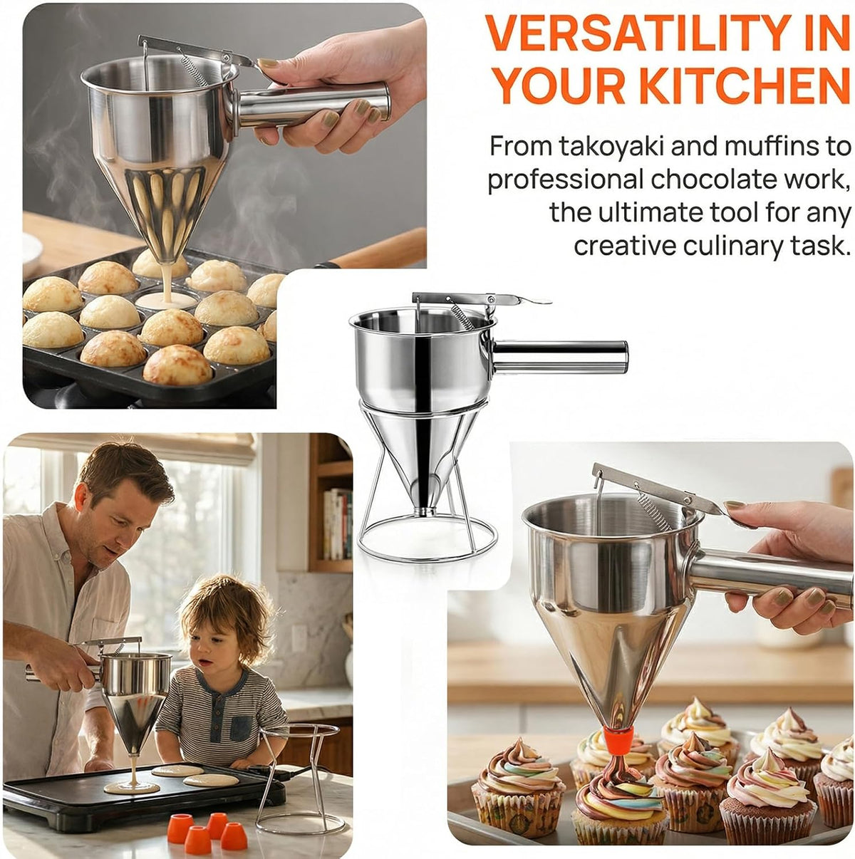 40 Oz Pancake Batter Dispenser, Stainless Steel, Multi-Nozzle
