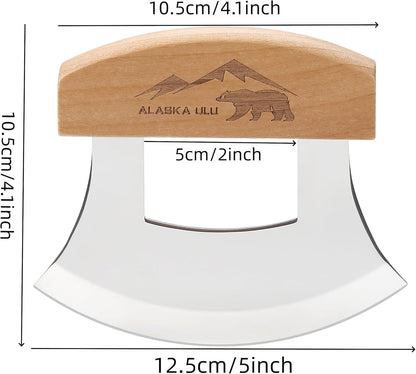 5inch Alaskan Mezzaluna Ulu Knife, Salad Veggies Rocker Chopper Slicer Cutter Hashing Chopping Mincing Cleaver with Wooden Stand Arthritic Tool | Chopping Mincing Knife with Wooden Stand Arthritic Cutting Tool 5x4in