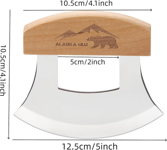 5inch Alaskan Mezzaluna Ulu Knife, Salad Veggies Rocker Chopper Slicer Cutter Hashing Chopping Mincing Cleaver with Wooden Stand Arthritic Tool | Chopping Mincing Knife with Wooden Stand Arthritic Cutting Tool 5x4in
