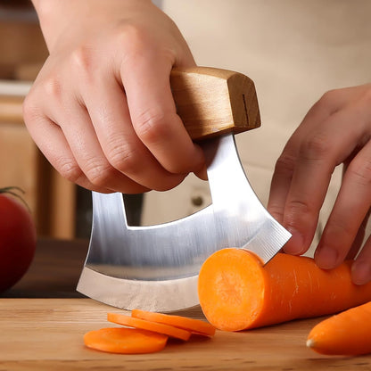 5inch Alaskan Mezzaluna Ulu Knife, Salad Veggies Rocker Chopper Slicer Cutter Hashing Chopping Mincing Cleaver with Wooden Stand Arthritic Tool | Chopping Mincing Knife with Wooden Stand Arthritic Cutting Tool 5x4in