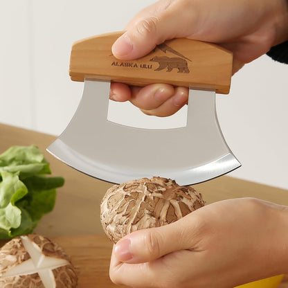 5inch Alaskan Mezzaluna Ulu Knife, Salad Veggies Rocker Chopper Slicer Cutter Hashing Chopping Mincing Cleaver with Wooden Stand Arthritic Tool | Chopping Mincing Knife with Wooden Stand Arthritic Cutting Tool 5x4in