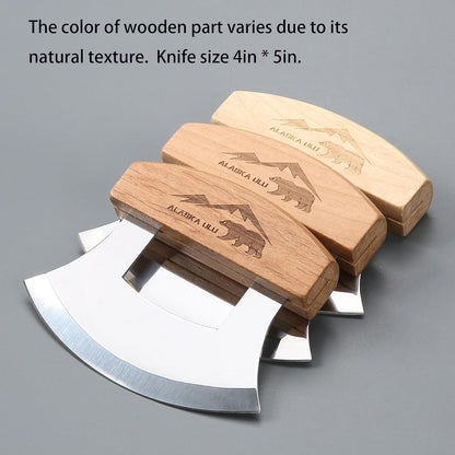 5inch Alaskan Mezzaluna Ulu Knife, Salad Veggies Rocker Chopper Slicer Cutter Hashing Chopping Mincing Cleaver with Wooden Stand Arthritic Tool | Chopping Mincing Knife with Wooden Stand Arthritic Cutting Tool 5x4in