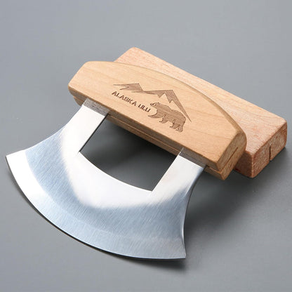 5inch Alaskan Mezzaluna Ulu Knife, Salad Veggies Rocker Chopper Slicer Cutter Hashing Chopping Mincing Cleaver with Wooden Stand Arthritic Tool | Chopping Mincing Knife with Wooden Stand Arthritic Cutting Tool 5x4in