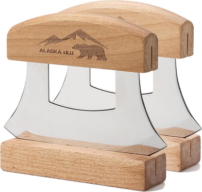 5inch Alaskan Mezzaluna Ulu Knife, Salad Veggies Rocker Chopper Slicer Cutter Hashing Chopping Mincing Cleaver with Wooden Stand Arthritic Tool | Chopping Mincing Knife with Wooden Stand Arthritic Cutting Tool 5x4in