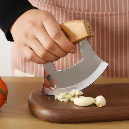 5inch Alaskan Mezzaluna Ulu Knife, Salad Veggies Rocker Chopper Slicer Cutter Hashing Chopping Mincing Cleaver with Wooden Stand Arthritic Tool | Chopping Mincing Knife with Wooden Stand Arthritic Cutting Tool 5x4in