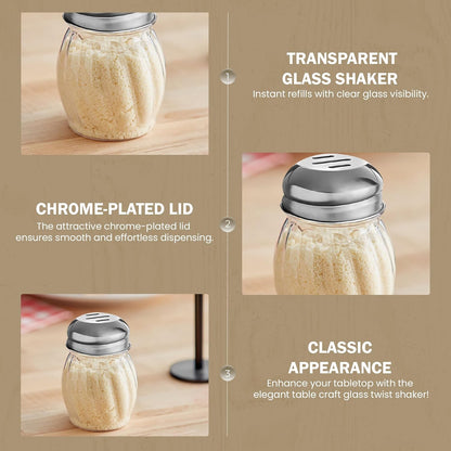 3.5-Inch Glass Shaker with Chrome Plated Perforated Lid | Great for Parmesan Cheese, Spices, Rubs, Chili and Red Pepper | Home and Commercial Use