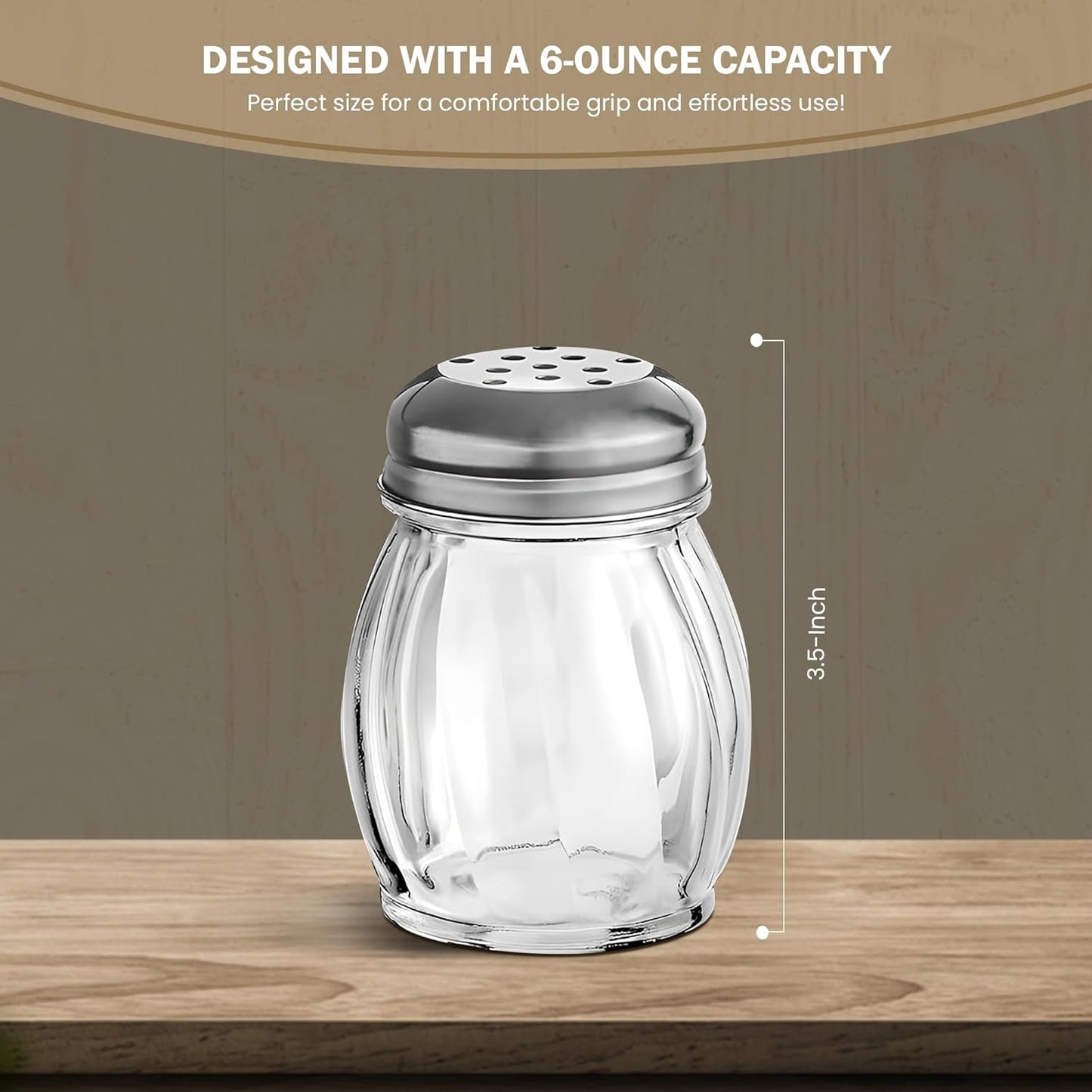3.5-Inch Glass Shaker with Chrome Plated Perforated Lid | Great for Parmesan Cheese, Spices, Rubs, Chili and Red Pepper | Home and Commercial Use