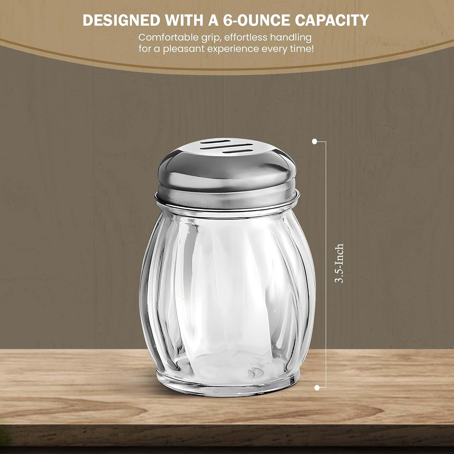 3.5-Inch Glass Shaker with Chrome Plated Perforated Lid | Great for Parmesan Cheese, Spices, Rubs, Chili and Red Pepper | Home and Commercial Use