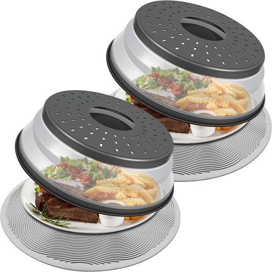 Pack 2, Microwave Food Cover with Mat 12 Inch, Mat as Bowl Holder, Cover for Splatter Guard, Collapsible Lid for Plate, Multi-Use Silicone Mat & Kitchen Colander Gadget for Meal Prep, Charcoal