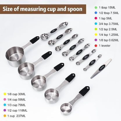Magnetic Measuring cups and spoons Set, 5 Stainless Steel Magnetic Measuring Cup and 8 Double Sided Measuring Spoons with 1 Leveler，Kitchen Gadgets for Cooking & Baking