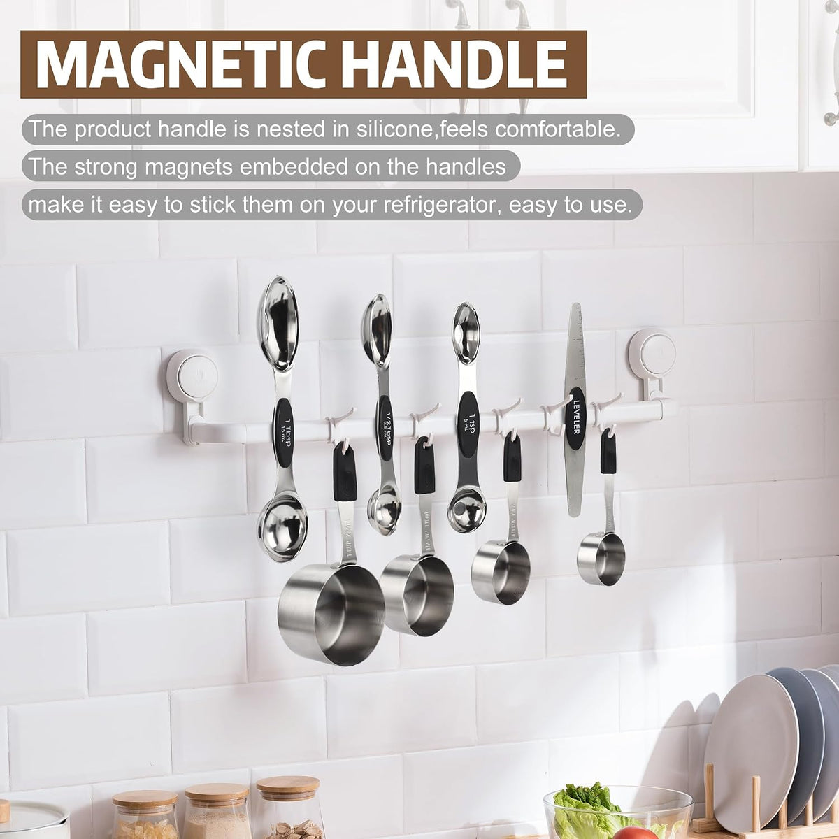 Magnetic Measuring cups and spoons Set, 5 Stainless Steel Magnetic Measuring Cup and 8 Double Sided Measuring Spoons with 1 Leveler，Kitchen Gadgets for Cooking & Baking