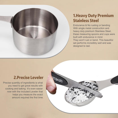 Magnetic Measuring cups and spoons Set, 5 Stainless Steel Magnetic Measuring Cup and 8 Double Sided Measuring Spoons with 1 Leveler，Kitchen Gadgets for Cooking & Baking