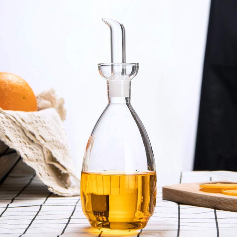 Glass Oil Bottle with Spout, Olive Oil Dispenser Vinegar Drizzler Pourer Stopper Pot, Soy Sauce Vinegar Cruet Non Drip Heat-Resistant for Cooking Kitchen Restaurant BBQ (15 oz)