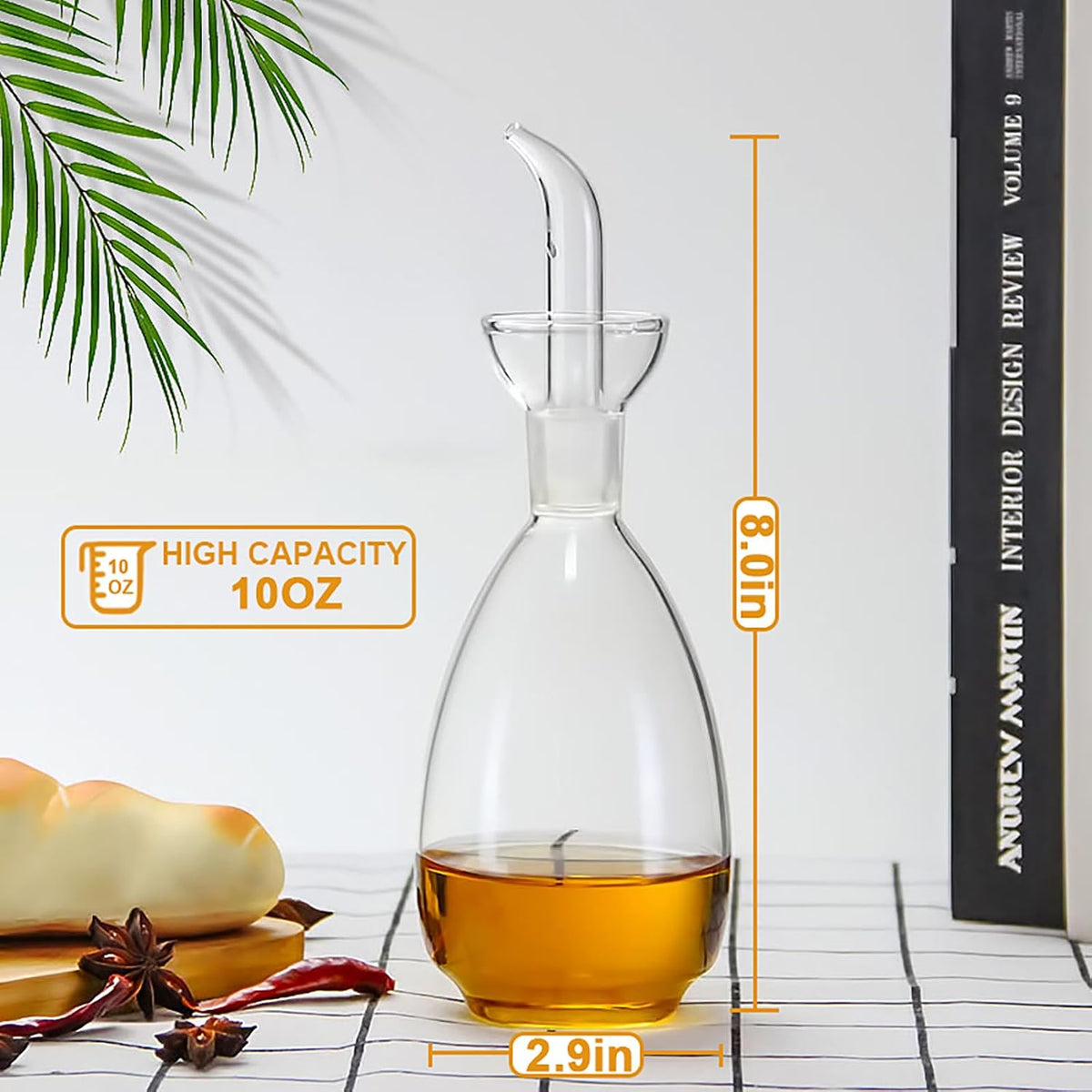 Glass Oil Bottle with Spout, Olive Oil Dispenser Vinegar Drizzler Pourer Stopper Pot, Soy Sauce Vinegar Cruet Non Drip Heat-Resistant for Cooking Kitchen Restaurant BBQ (15 oz)