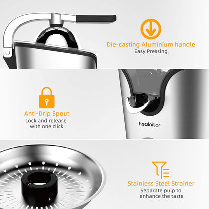 150W Electric Citrus Juicer Squeezer with 2 Cones, Stainless Steel Quiet Orange Juice Extractor Machines for Lime Grapefruit Lemon, Detachable Design