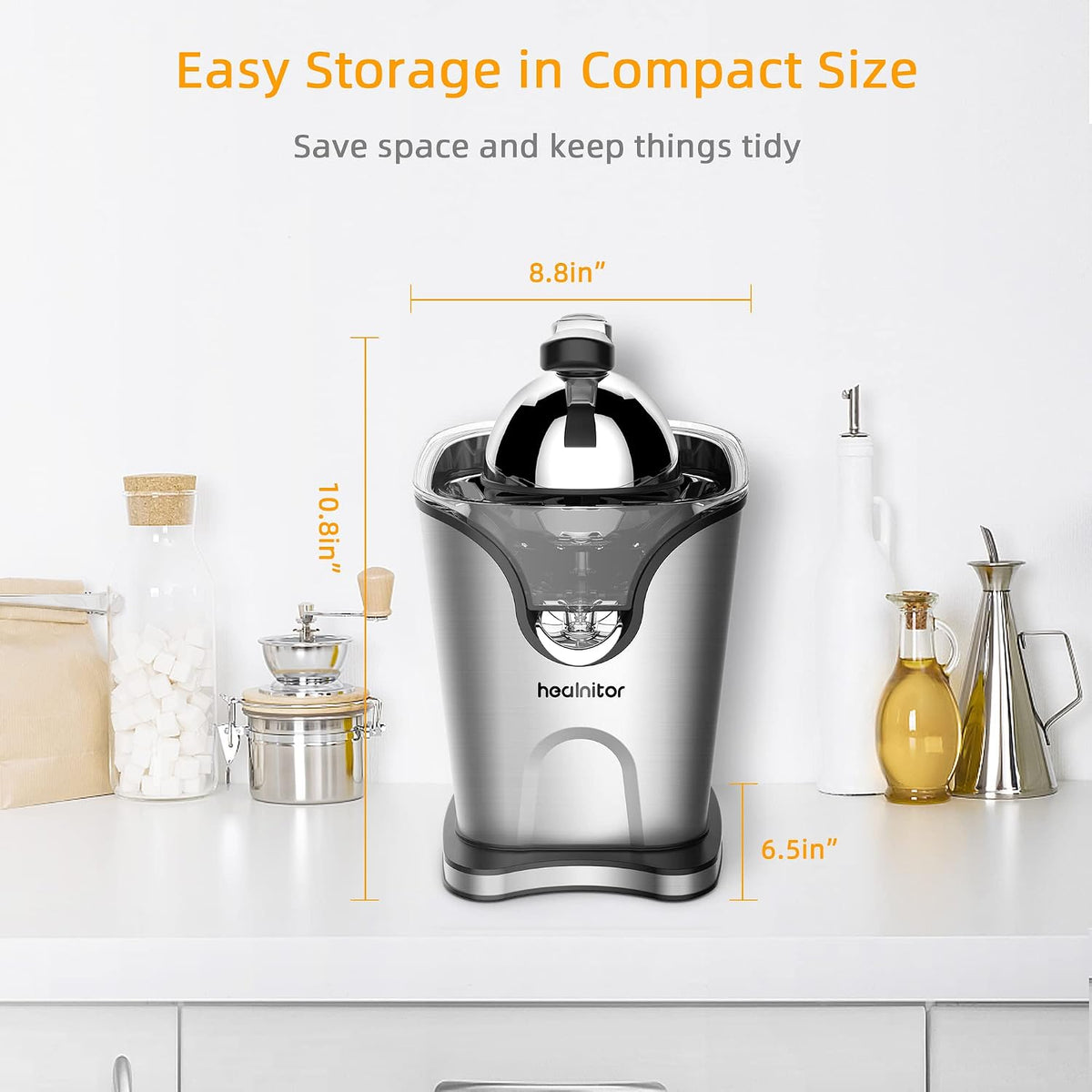 150W Electric Citrus Juicer Squeezer with 2 Cones, Stainless Steel Quiet Orange Juice Extractor Machines for Lime Grapefruit Lemon, Detachable Design