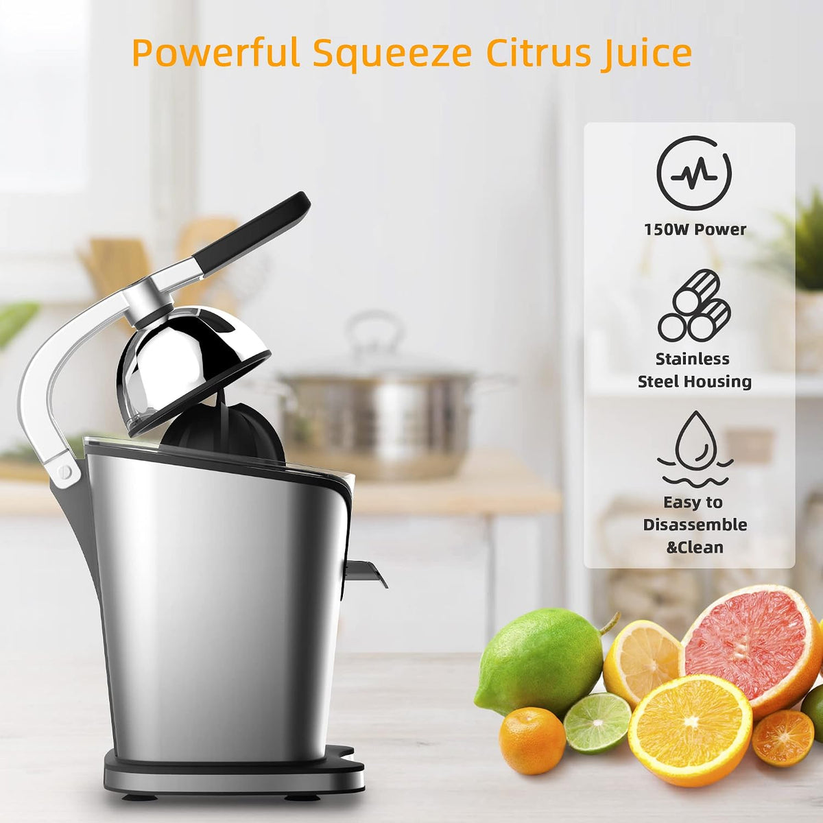 150W Electric Citrus Juicer Squeezer with 2 Cones, Stainless Steel Quiet Orange Juice Extractor Machines for Lime Grapefruit Lemon, Detachable Design