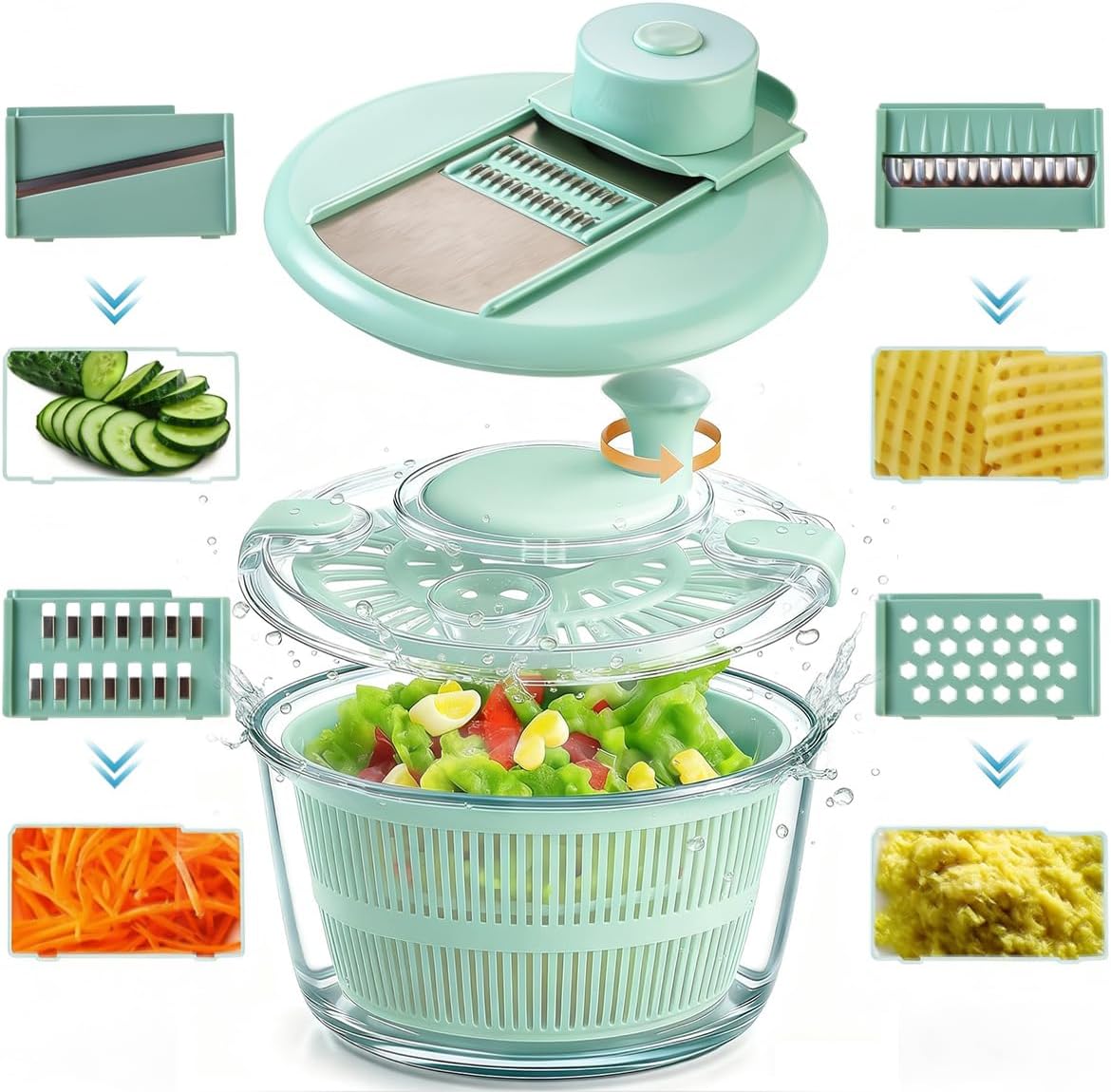 Borosilicate Glass Large Salad Spinner & Vegetable Washer - 5.2 Quart BPA-Free Dehydrator with Handle Includes 5 Chopping Blades Slicer, Drain Bowl Dishwasher Safe - Perfect for Lettuce Fruit Veggies