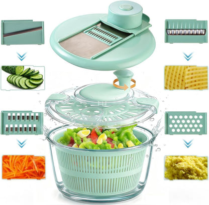 Borosilicate Glass Large Salad Spinner & Vegetable Washer - 5.2 Quart BPA-Free Dehydrator with Handle Includes 5 Chopping Blades Slicer, Drain Bowl Dishwasher Safe - Perfect for Lettuce Fruit Veggies