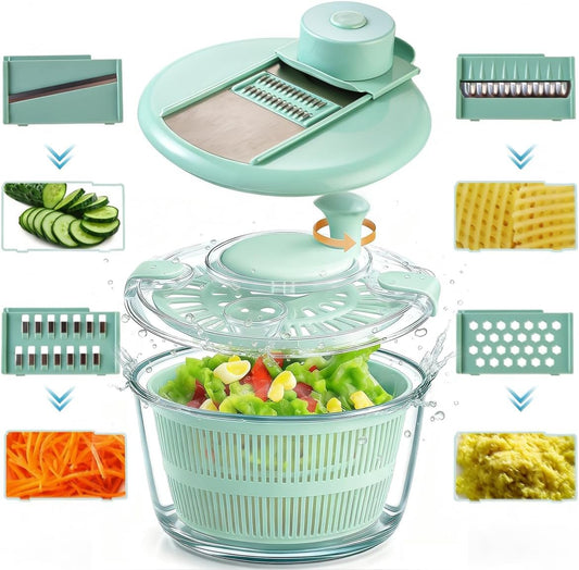 Borosilicate Glass Large Salad Spinner & Vegetable Washer - 5.2 Quart BPA-Free Dehydrator with Handle Includes 5 Chopping Blades Slicer, Drain Bowl Dishwasher Safe - Perfect for Lettuce Fruit Veggies