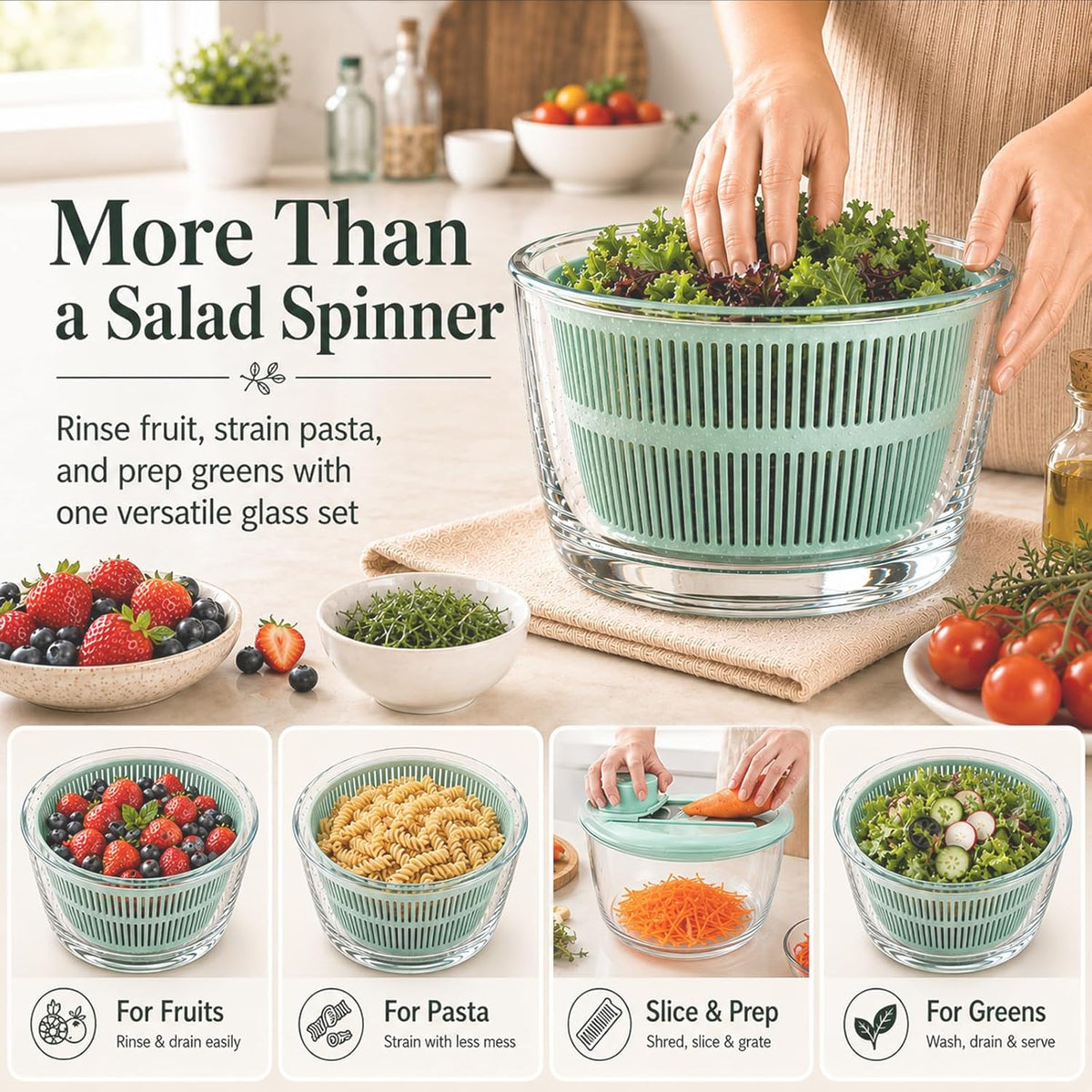 Borosilicate Glass Large Salad Spinner & Vegetable Washer - 5.2 Quart BPA-Free Dehydrator with Handle Includes 5 Chopping Blades Slicer, Drain Bowl Dishwasher Safe - Perfect for Lettuce Fruit Veggies