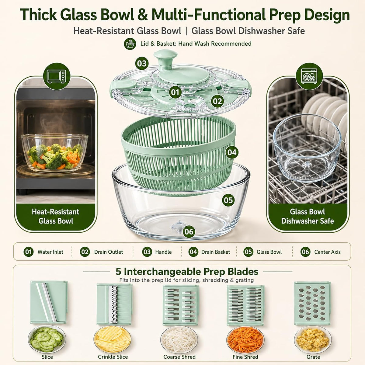 Borosilicate Glass Large Salad Spinner & Vegetable Washer - 5.2 Quart BPA-Free Dehydrator with Handle Includes 5 Chopping Blades Slicer, Drain Bowl Dishwasher Safe - Perfect for Lettuce Fruit Veggies