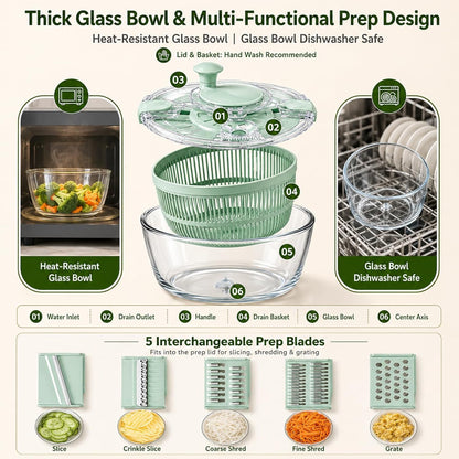 Borosilicate Glass Large Salad Spinner & Vegetable Washer - 5.2 Quart BPA-Free Dehydrator with Handle Includes 5 Chopping Blades Slicer, Drain Bowl Dishwasher Safe - Perfect for Lettuce Fruit Veggies