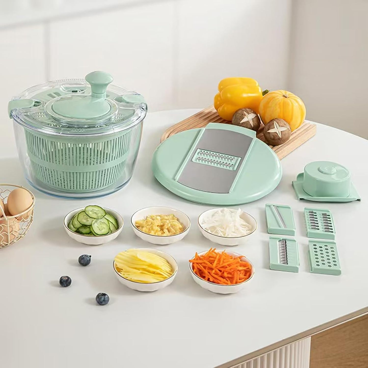 Borosilicate Glass Large Salad Spinner & Vegetable Washer - 5.2 Quart BPA-Free Dehydrator with Handle Includes 5 Chopping Blades Slicer, Drain Bowl Dishwasher Safe - Perfect for Lettuce Fruit Veggies