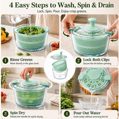 Borosilicate Glass Large Salad Spinner & Vegetable Washer - 5.2 Quart BPA-Free Dehydrator with Handle Includes 5 Chopping Blades Slicer, Drain Bowl Dishwasher Safe - Perfect for Lettuce Fruit Veggies