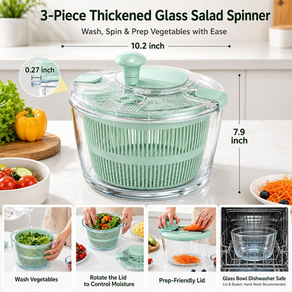 Borosilicate Glass Large Salad Spinner & Vegetable Washer - 5.2 Quart BPA-Free Dehydrator with Handle Includes 5 Chopping Blades Slicer, Drain Bowl Dishwasher Safe - Perfect for Lettuce Fruit Veggies