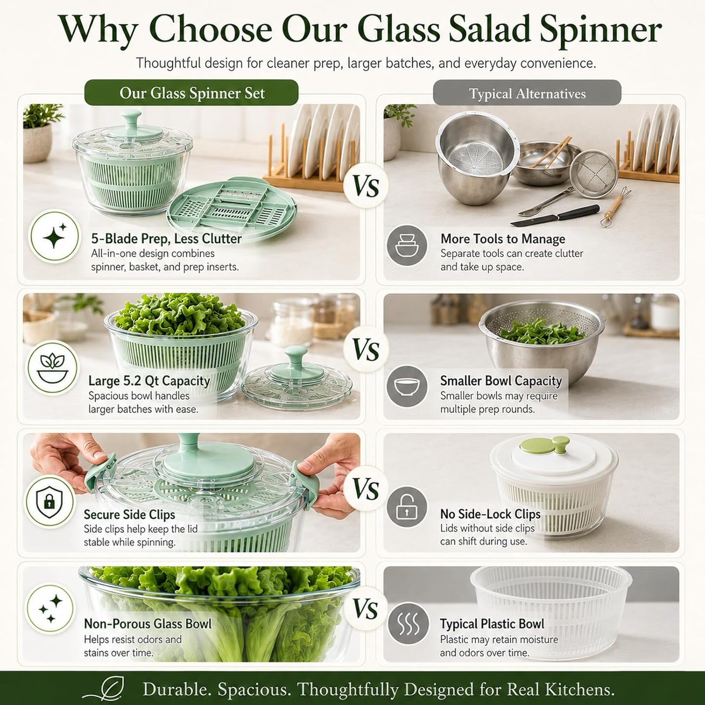 Borosilicate Glass Large Salad Spinner & Vegetable Washer - 5.2 Quart BPA-Free Dehydrator with Handle Includes 5 Chopping Blades Slicer, Drain Bowl Dishwasher Safe - Perfect for Lettuce Fruit Veggies