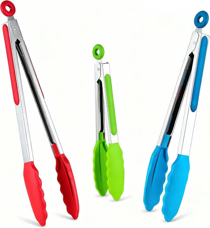 7/9/12 Inch Kitchen Tongs Set of 3, Cooking Tongs with Silicone Tips | For Cooking/Serving/Grilling | Heat-Resistant | Food-Grade Material | Dishwasher Safe | Red/Green/Blue