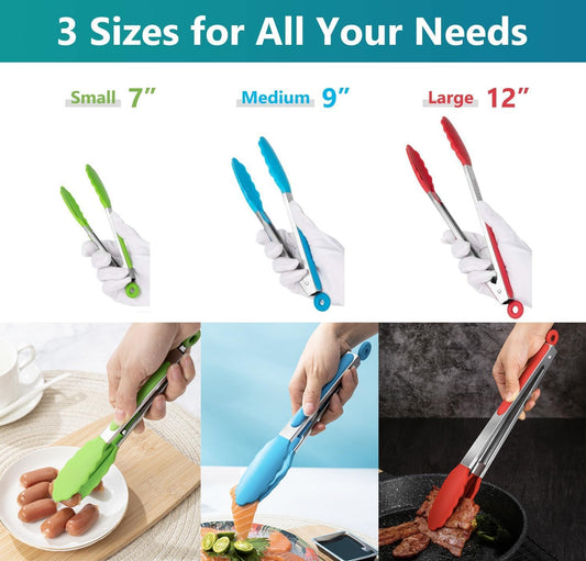 7/9/12 Inch Kitchen Tongs Set of 3, Cooking Tongs with Silicone Tips | For Cooking/Serving/Grilling | Heat-Resistant | Food-Grade Material | Dishwasher Safe | Red/Green/Blue