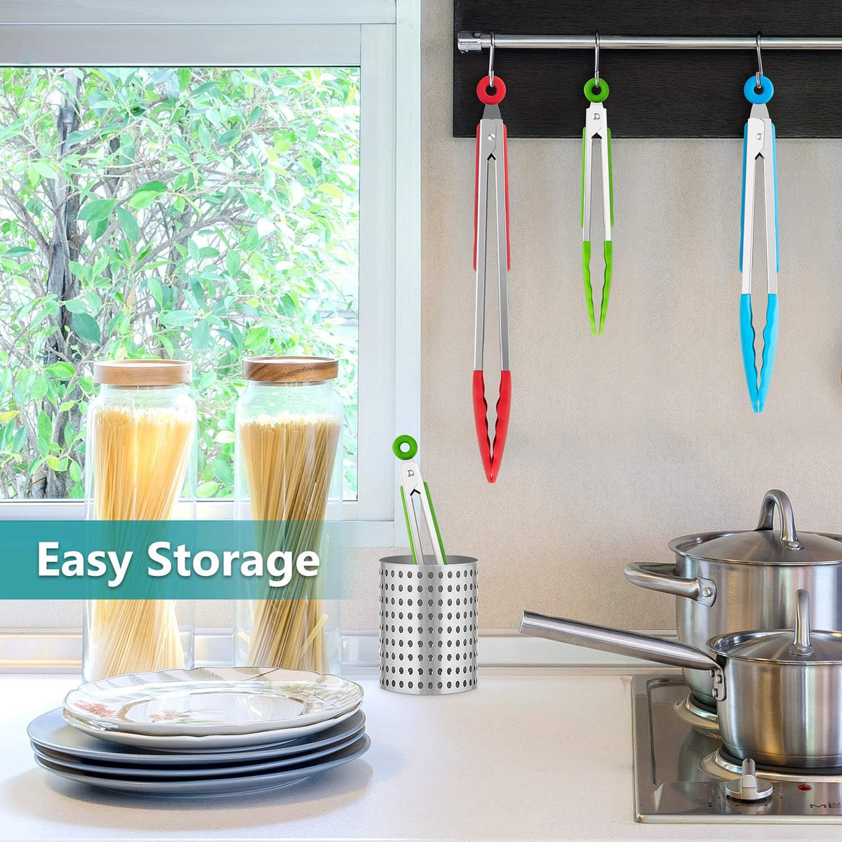 7/9/12 Inch Kitchen Tongs Set of 3, Cooking Tongs with Silicone Tips | For Cooking/Serving/Grilling | Heat-Resistant | Food-Grade Material | Dishwasher Safe | Red/Green/Blue