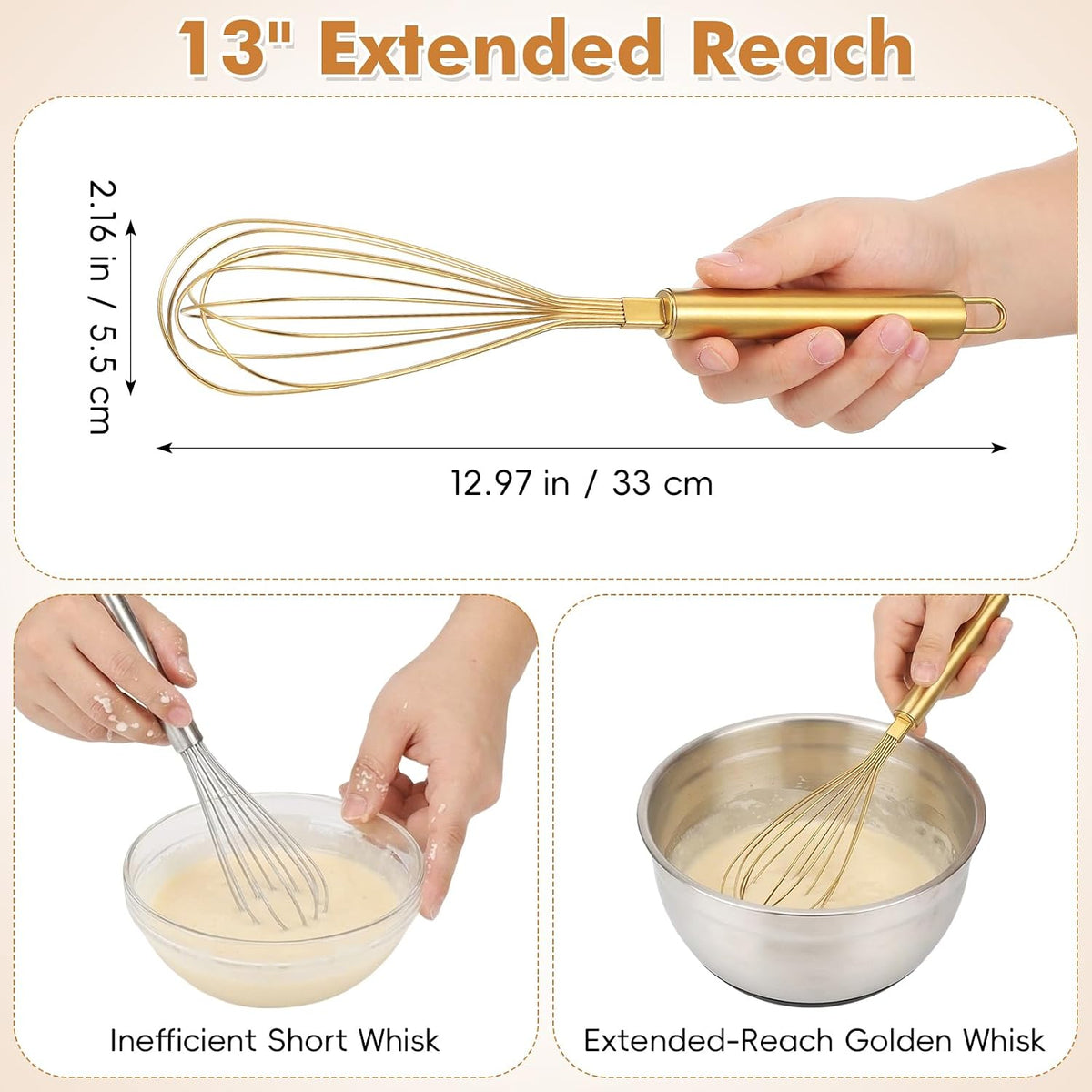 Stainless Steel Whisk, 13 Inch Gold Wire Egg Beater, Thicken Wire Hand Mixer for Whisking Blending Baking Cooking, Kitchen Utensils Gadgets for Cream Batter Sauce