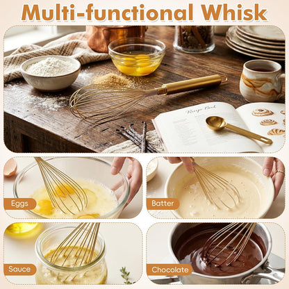 Stainless Steel Whisk, 13 Inch Gold Wire Egg Beater, Thicken Wire Hand Mixer for Whisking Blending Baking Cooking, Kitchen Utensils Gadgets for Cream Batter Sauce
