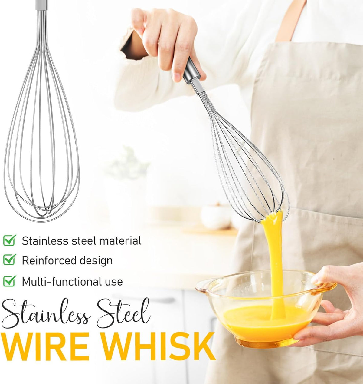 Stainless Steel Whisk, 13 Inch Gold Wire Egg Beater, Thicken Wire Hand Mixer for Whisking Blending Baking Cooking, Kitchen Utensils Gadgets for Cream Batter Sauce