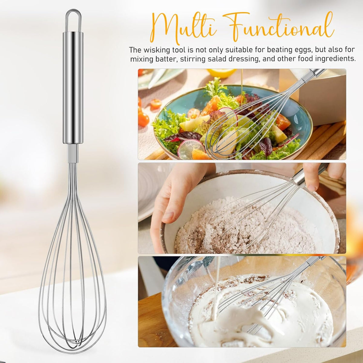 Stainless Steel Whisk, 13 Inch Gold Wire Egg Beater, Thicken Wire Hand Mixer for Whisking Blending Baking Cooking, Kitchen Utensils Gadgets for Cream Batter Sauce