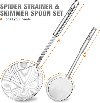 Spider Strainer, Set of 2-5.5 Inch Stainless Steel Fryer Scoop & 4 inch Fat Skimmer Spoon, Kitchen Spider Skimmer Strainer With Handle, For Cooking Deep Fryer, Pasta, Egg,Fat