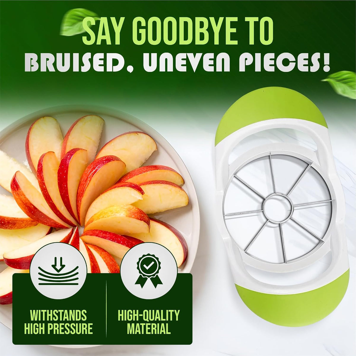 Apple Corer, Slicer & Cutter, Extra Large size, 4.75 Inches, Heavy Duty, Apple Chopper and fruit slicer with Stainless Steel Blades & Anti-Slip Handle-Green