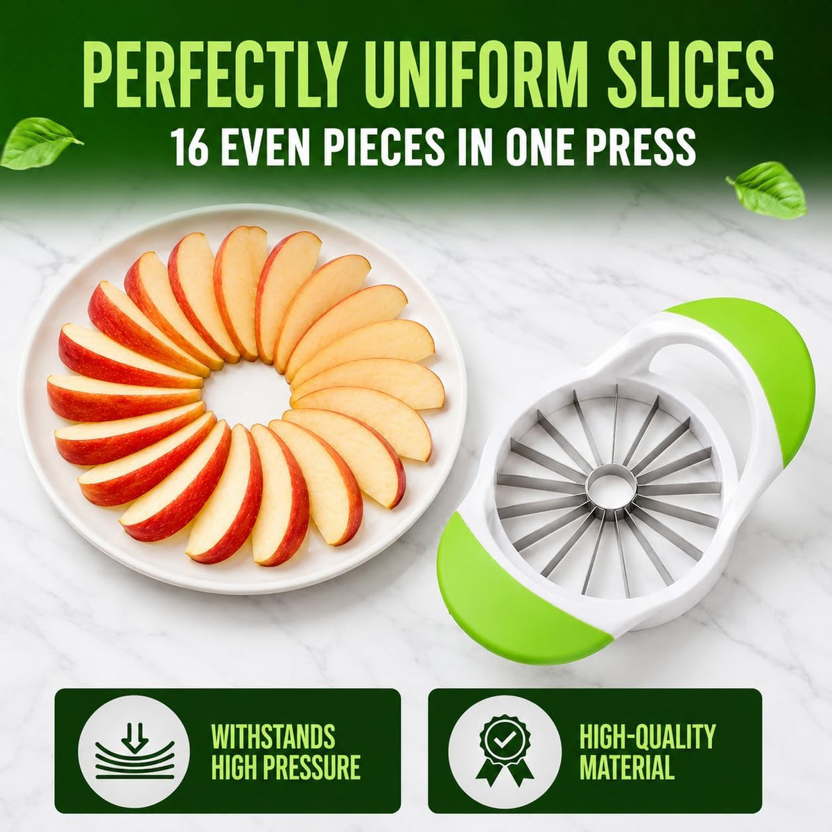 Apple Corer, Slicer & Cutter, Extra Large size, 4.75 Inches, Heavy Duty, Apple Chopper and fruit slicer with Stainless Steel Blades & Anti-Slip Handle-Green